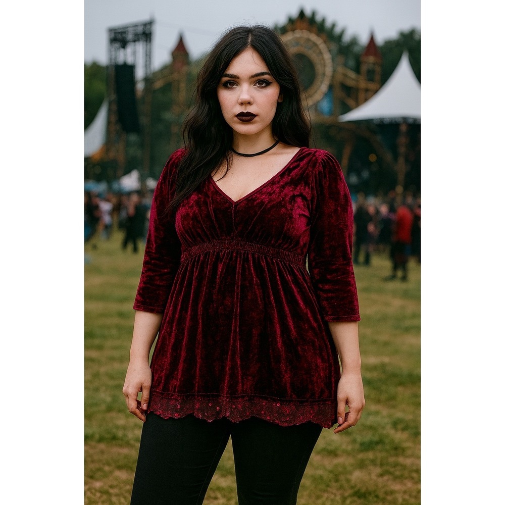 Y2K Velvet Babydoll Tunic Goth Witchy Top Burgundy Sequin Hem Plus Size PL